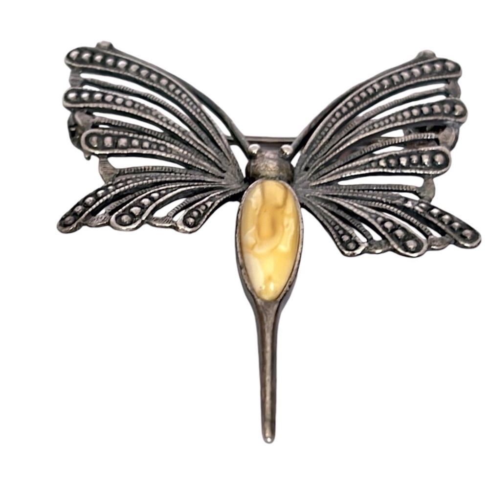 Vintage Egg Yolk Amber & Marcasite Brooch. Pre owned